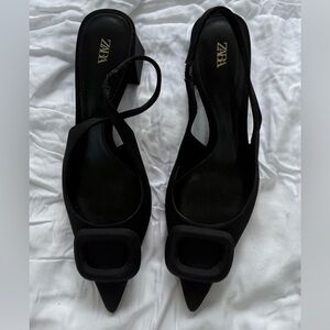 Zara Black Pointed Slingback Heels with Square Buckle